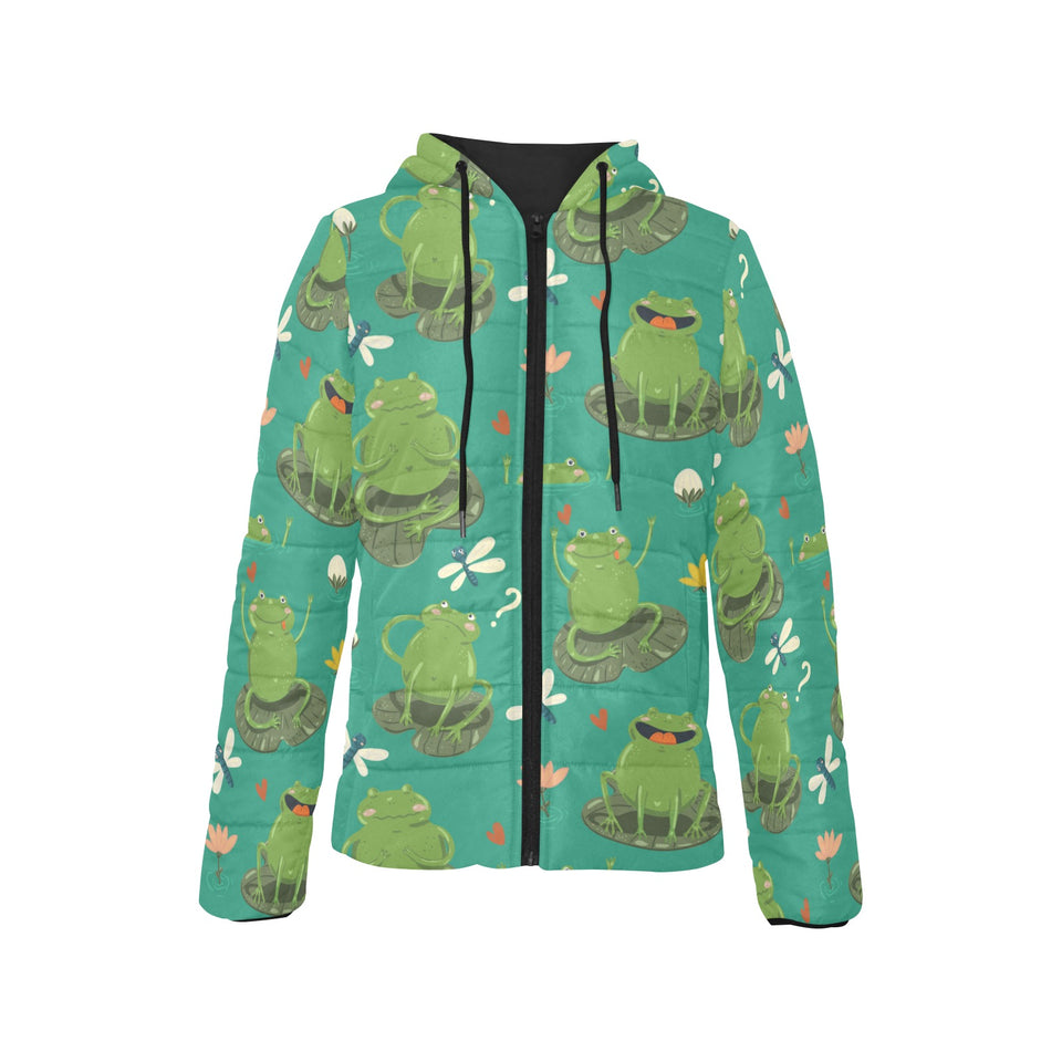 Cute frog dragonfly design pattern Women's Padded Hooded Jacket