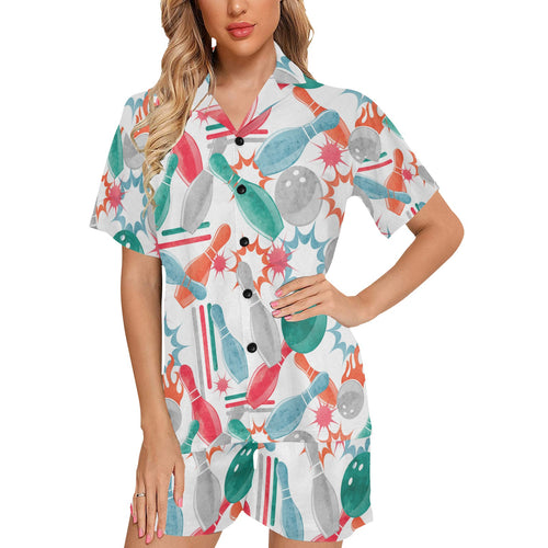 Watercolor bowling pattern Women's V-Neck Short Pajama Set