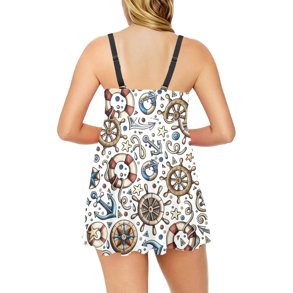 Cute nautical steering wheel anchor pattern Chest Sexy Pleated Two Piece Swim Dress