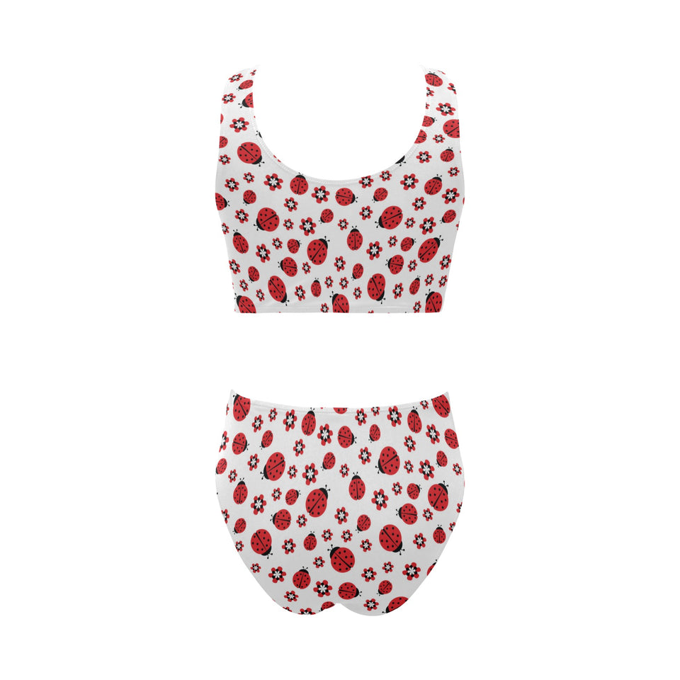 Ladybug Pattern Print Design 04 Chest Bowknot High Waisted Bikini Swimsuit