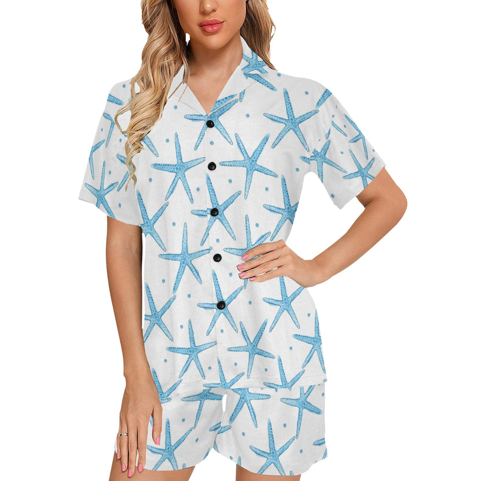 Watercolor starfish pattern Women's V-Neck Short Pajama Set