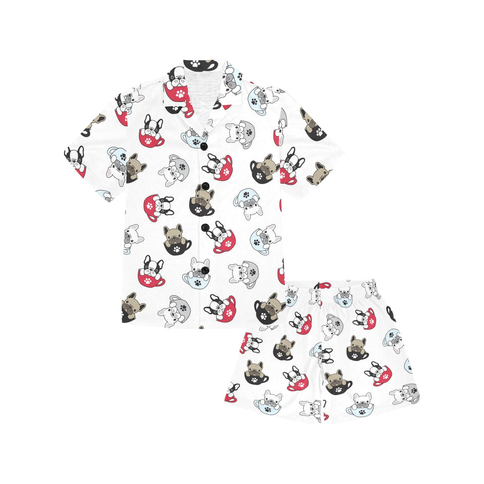 French bulldog cup paw pattern Kids' Boys' Girls' V-Neck Short Pajama Set