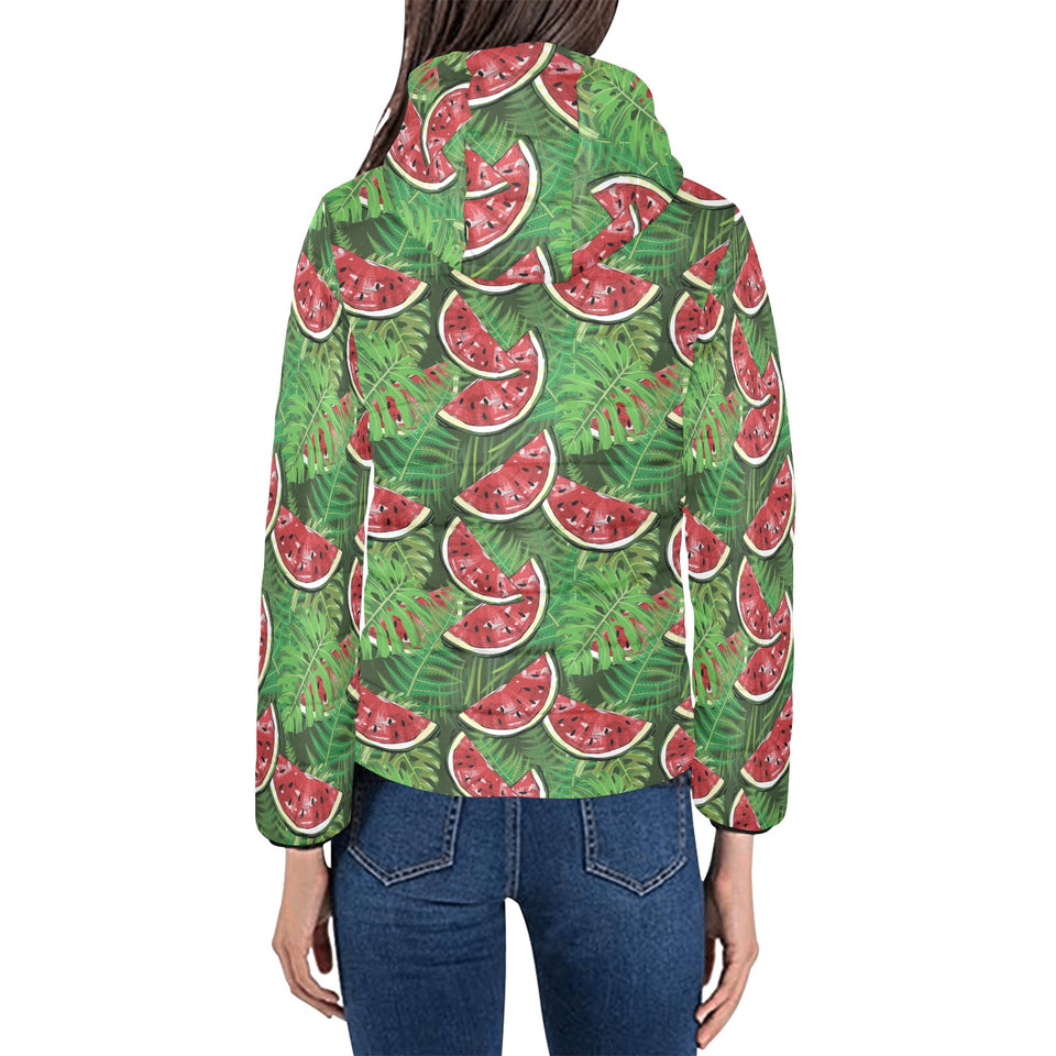 Watermelons tropical palm leaves pattern backgroun Women's Padded Hooded Jacket