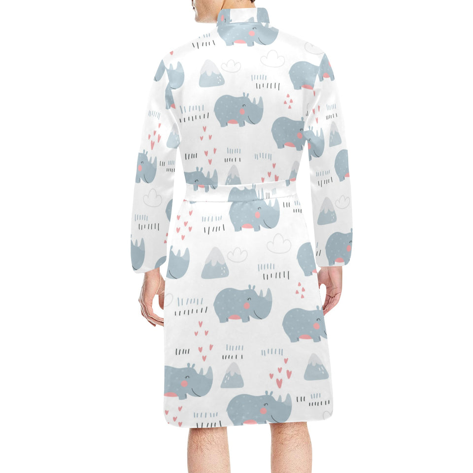 cute rhino heart pattern Men's Long Sleeve Belted Night Robe