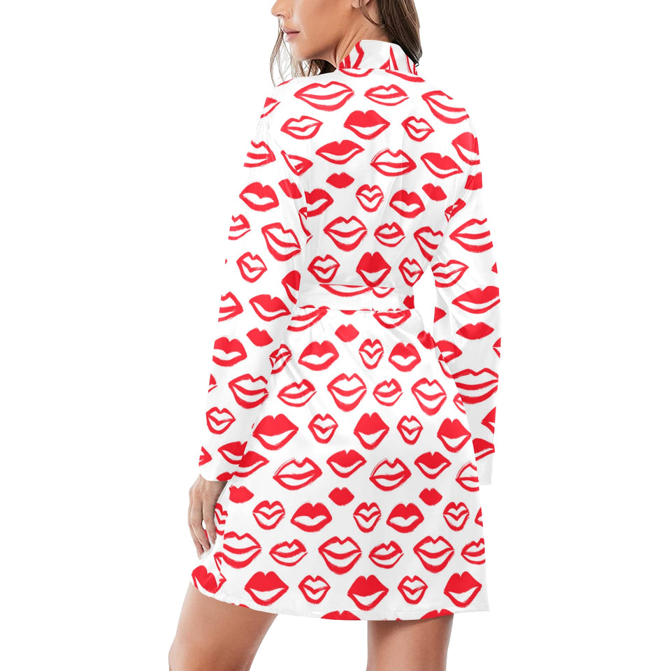 Lips Pattern Print Design 05 Women's Long Sleeve Belted Night Robe