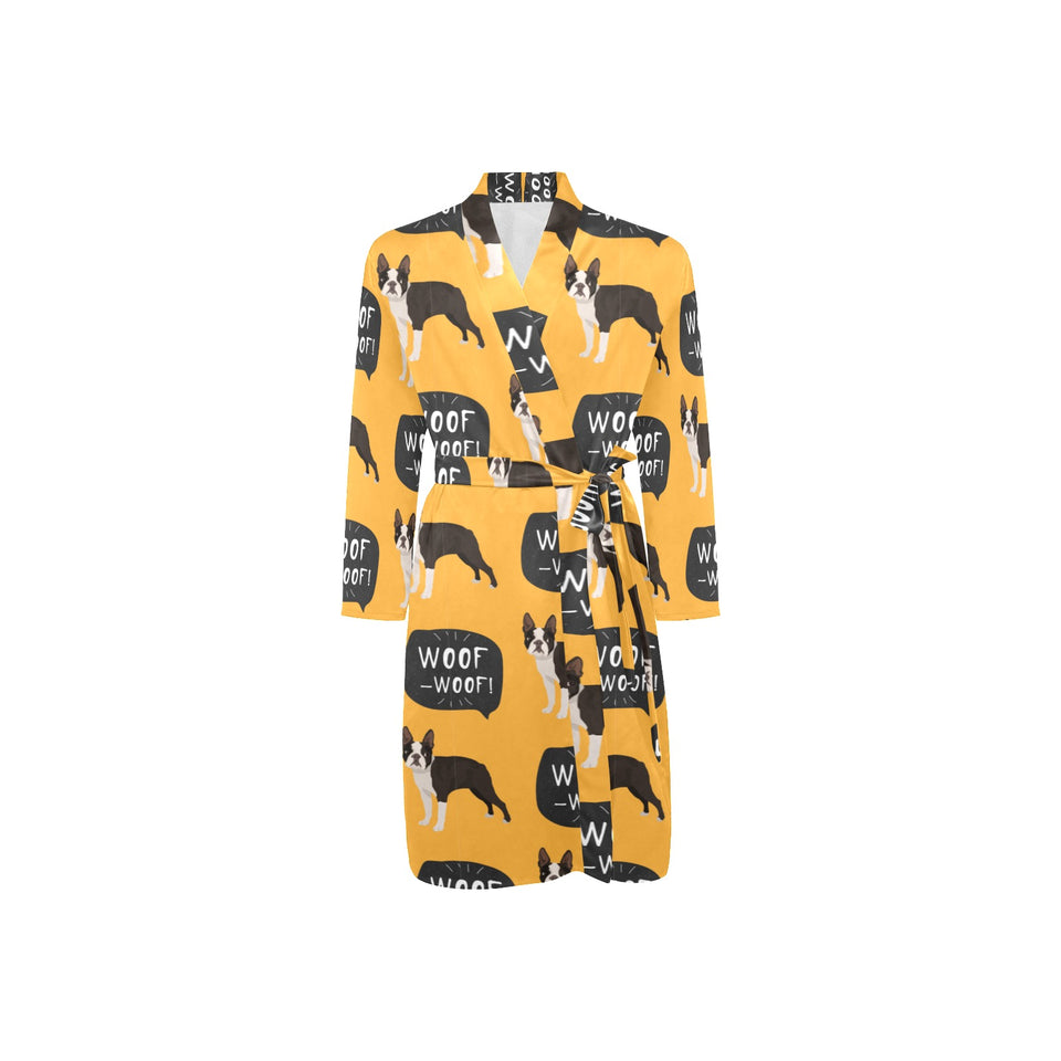 Boston terrier design pattern Men's Long Sleeve Belted Night Robe