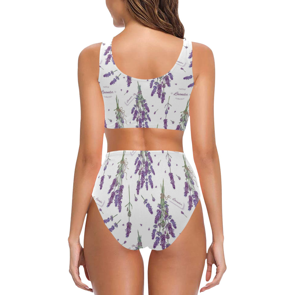 lavender flower design pattern Chest Bowknot High Waisted Bikini Swimsuit