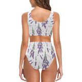 lavender flower design pattern Chest Bowknot High Waisted Bikini Swimsuit