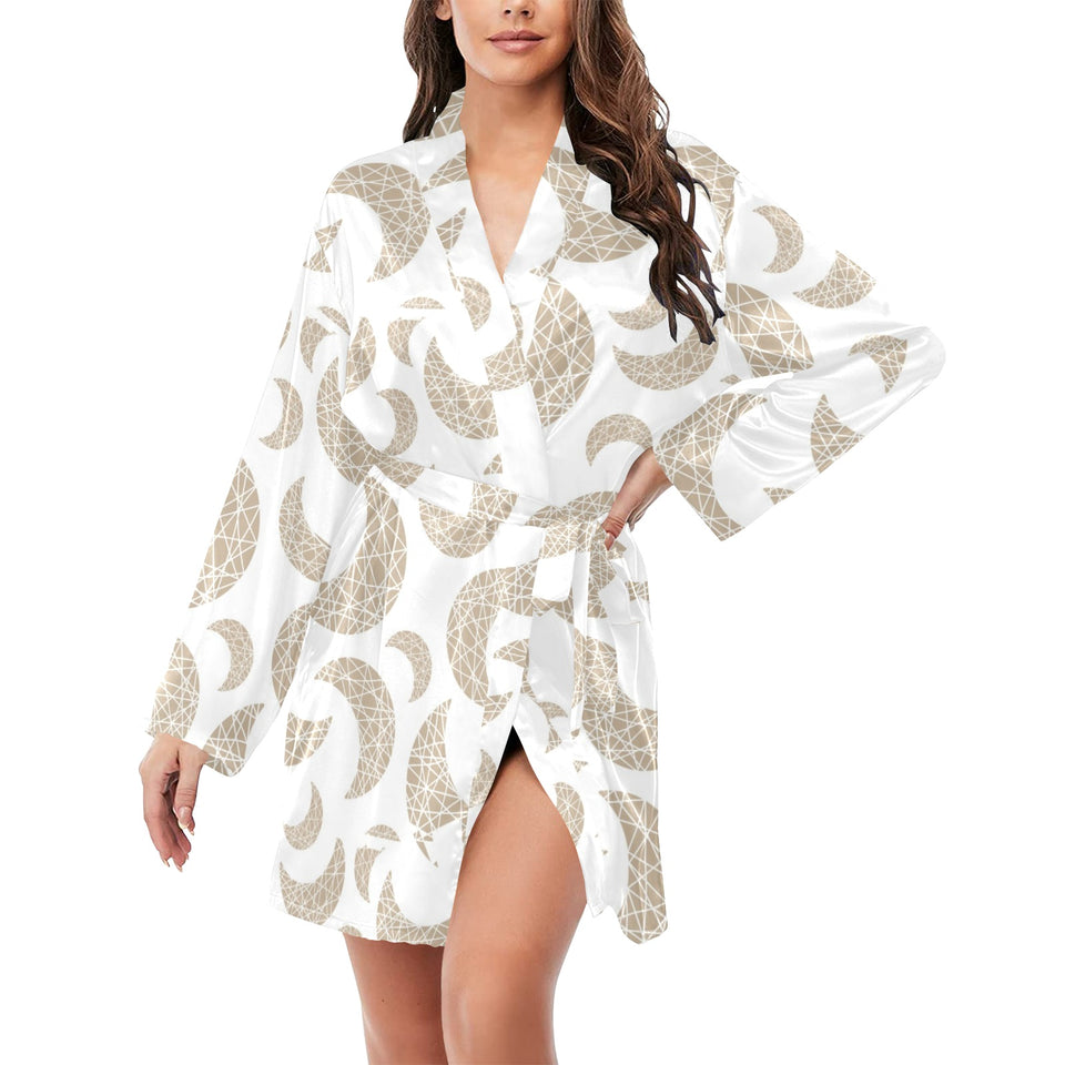 Cool gold moon abstract pattern Women's Long Sleeve Belted Night Robe