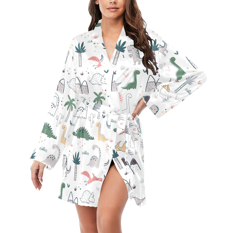 Cute cartoon dinosaurs tree pattern Women's Long Sleeve Belted Night Robe