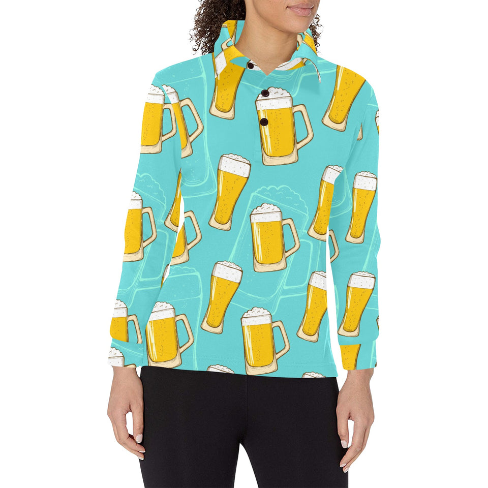 Beer pattern green background Women's Long Sleeve Polo Shirt