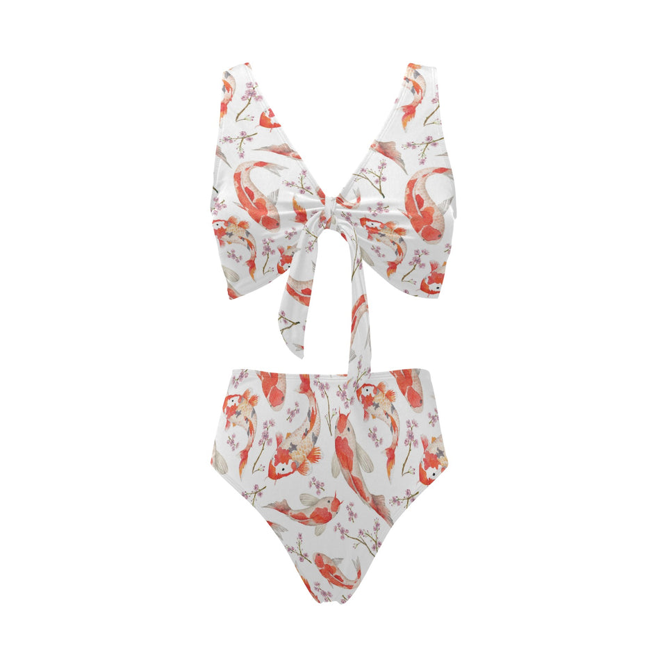 Watercolor Koi Fish Carp Fish pattern Chest Bowknot High Waisted Bikini Swimsuit