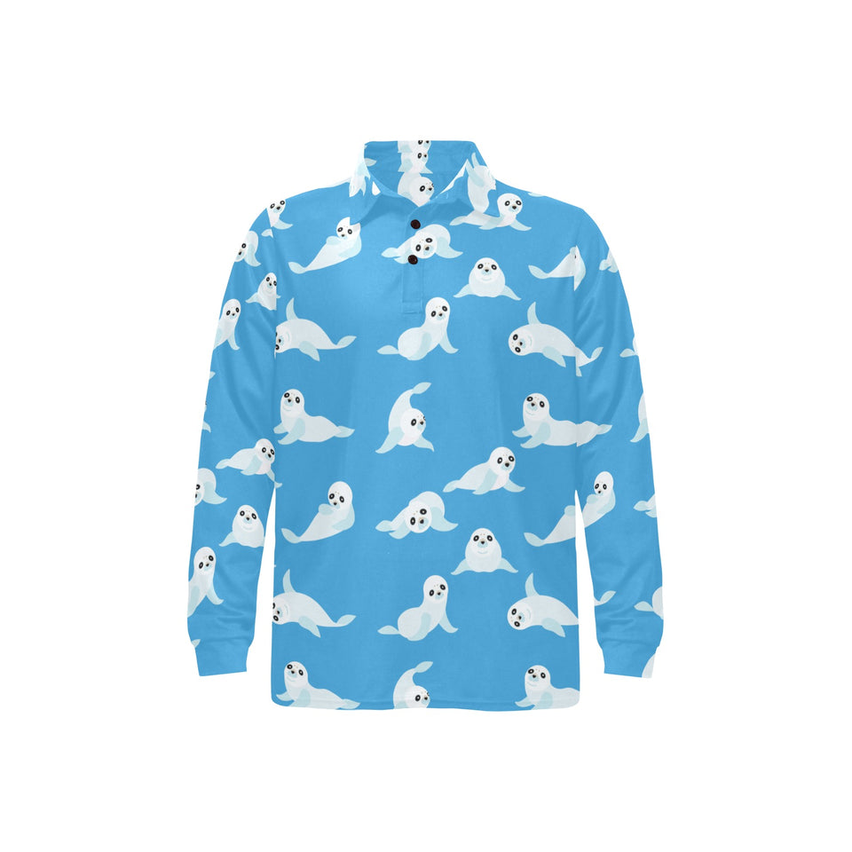 Cute sea lion seal pattern background Men's Long Sleeve Polo Shirt