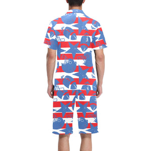 American football ball star stripes pattern Men's V-Neck Short Pajama Set