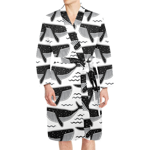 Black whale pattern Men's Long Sleeve Belted Night Robe