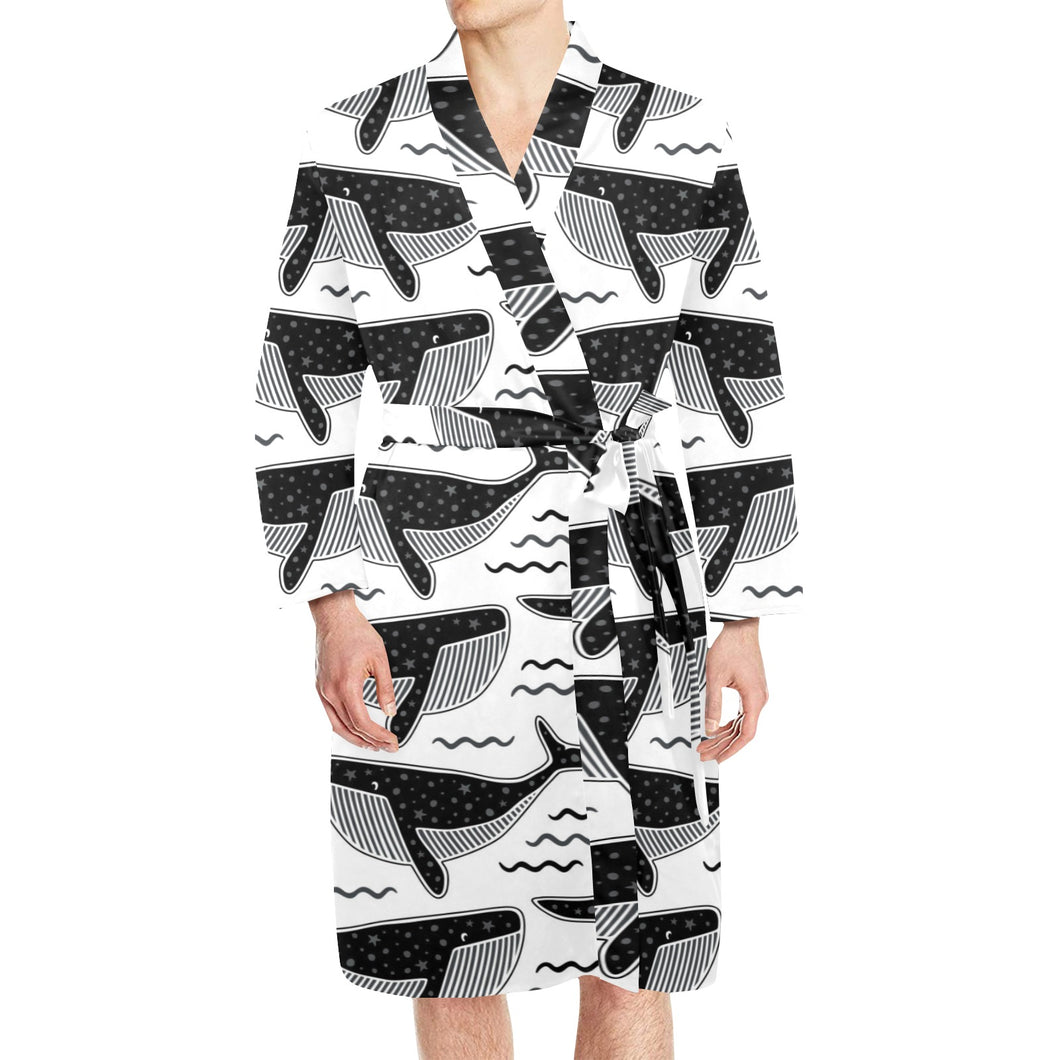 Black whale pattern Men's Long Sleeve Belted Night Robe