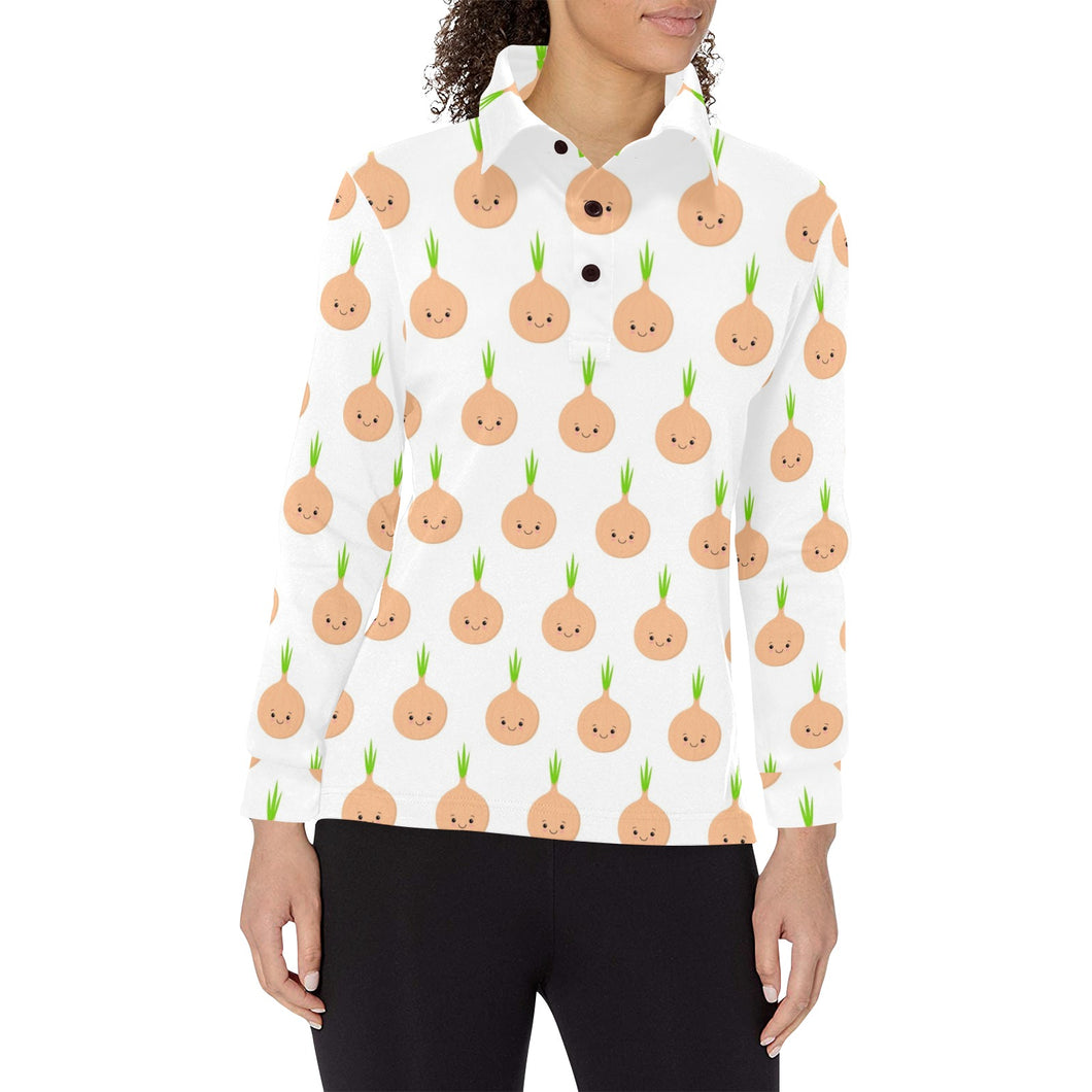 cute onions smiling faces Women's Long Sleeve Polo Shirt