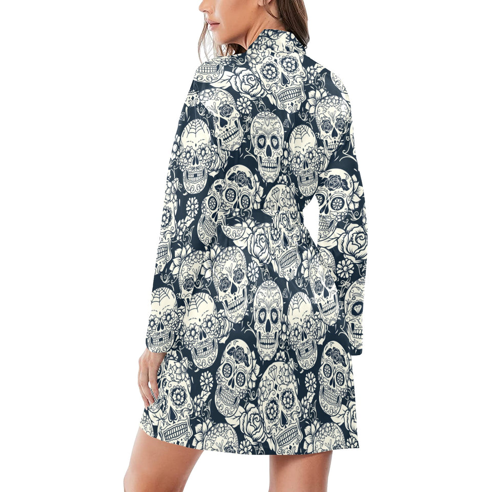 Sugar skull black white pattern Women's Long Sleeve Belted Night Robe