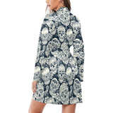 Sugar skull black white pattern Women's Long Sleeve Belted Night Robe