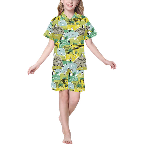 Hand drawn windmill pattern Kids' Boys' Girls' V-Neck Short Pajama Set