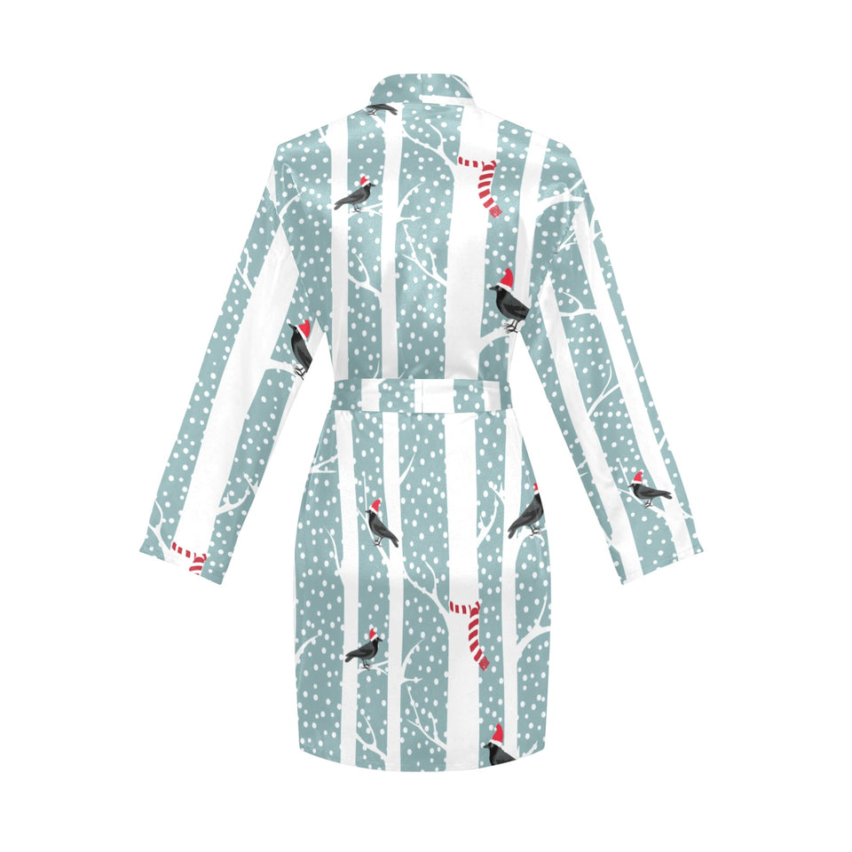 Crows christmas hat scarf Women's Long Sleeve Belted Night Robe