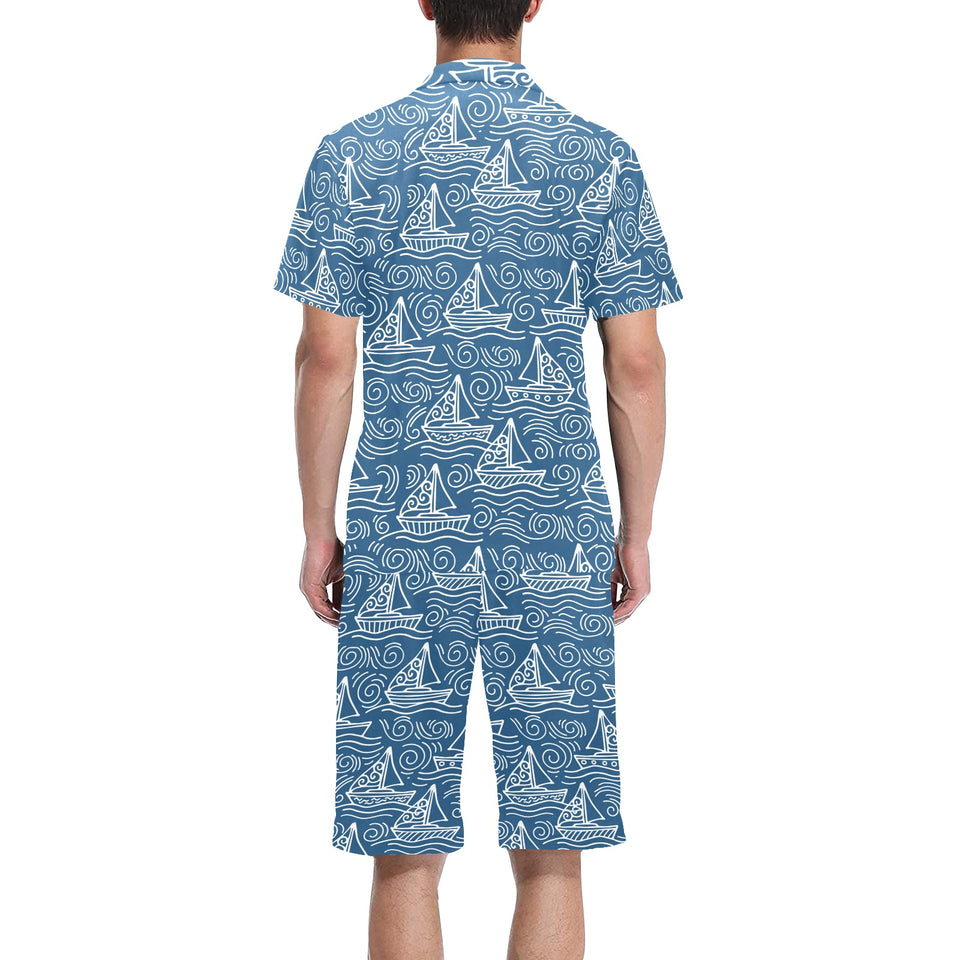Hand drawn sailboat pattern Men's V-Neck Short Pajama Set