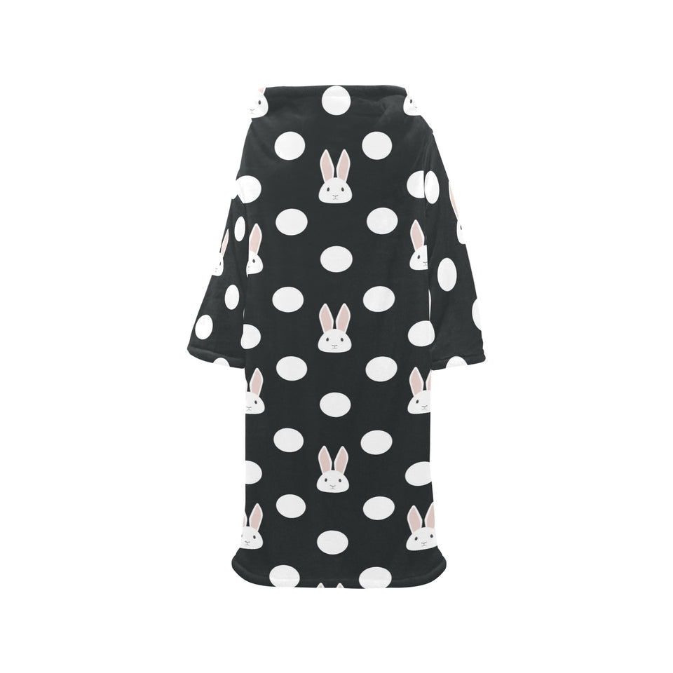 Cute white rabbit polka dots black background Blanket Robe with Sleeves