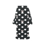 Cute white rabbit polka dots black background Blanket Robe with Sleeves