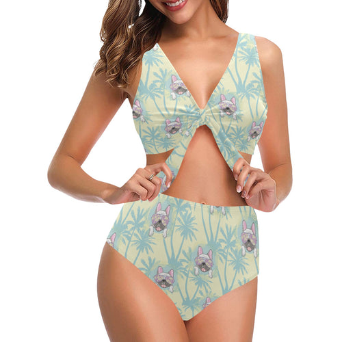 French bulldog hawaii blackground Chest Bowknot High Waisted Bikini Swimsuit