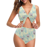 French bulldog hawaii blackground Chest Bowknot High Waisted Bikini Swimsuit