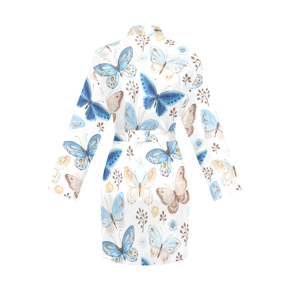 blue butterfly pattern Women's Long Sleeve Belted Night Robe
