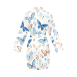 blue butterfly pattern Women's Long Sleeve Belted Night Robe