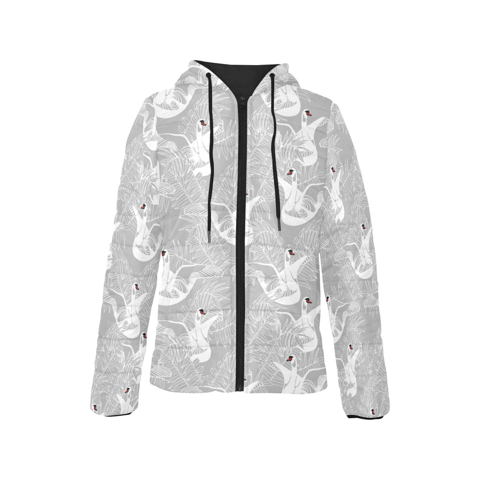 white swan gray background Women's Padded Hooded Jacket