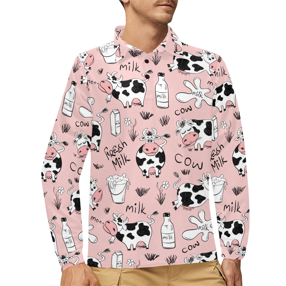 Cows milk product pink background Men's Long Sleeve Polo Shirt