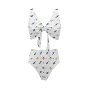 Cute helicopter star pattern Chest Bowknot High Waisted Bikini Swimsuit