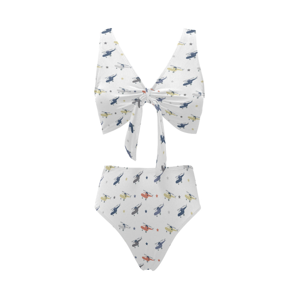 Cute helicopter star pattern Chest Bowknot High Waisted Bikini Swimsuit