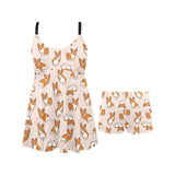 Cute Corgis Pattern pink background Chest Sexy Pleated Two Piece Swim Dress