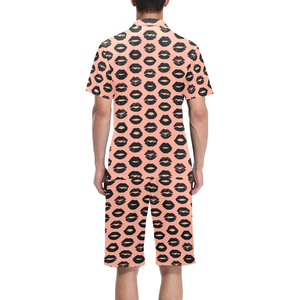 Lips Pattern Print Design 02 Men's V-Neck Short Pajama Set