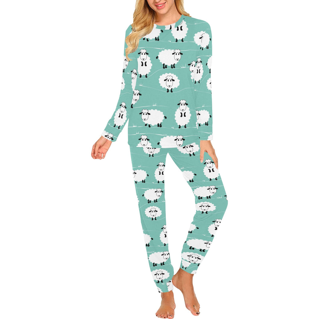 Cute sheep green background Women's All Over Print Pajama Set