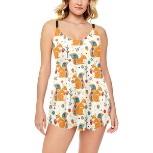 Squirrel Pattern Print Design 04 Chest Sexy Pleated Two Piece Swim Dress