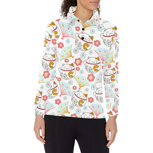 Maneki neko cat fan sakura Women's Long Sleeve Polo Shirt