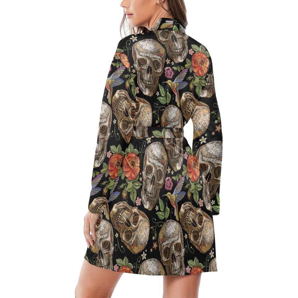 Skull rose humming bird flower pattern Women's Long Sleeve Belted Night Robe