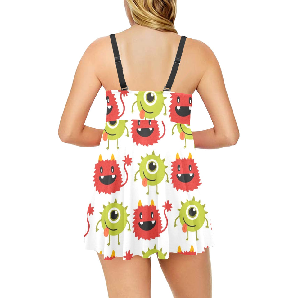 Alien Pattern Print Design 05 Chest Sexy Pleated Two Piece Swim Dress