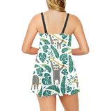 Cute sloths tropical palm leaves white background Chest Sexy Pleated Two Piece Swim Dress