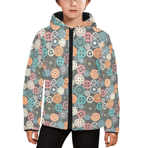 Gear Pattern Print Design 05 Kids' Boys' Girls' Padded Hooded Jacket