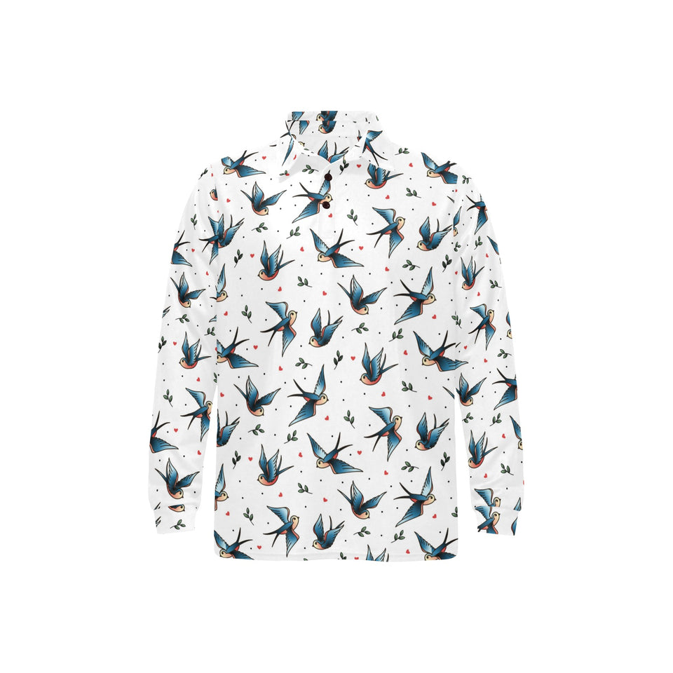 Swallow Pattern Print Design 04 Men's Long Sleeve Polo Shirt