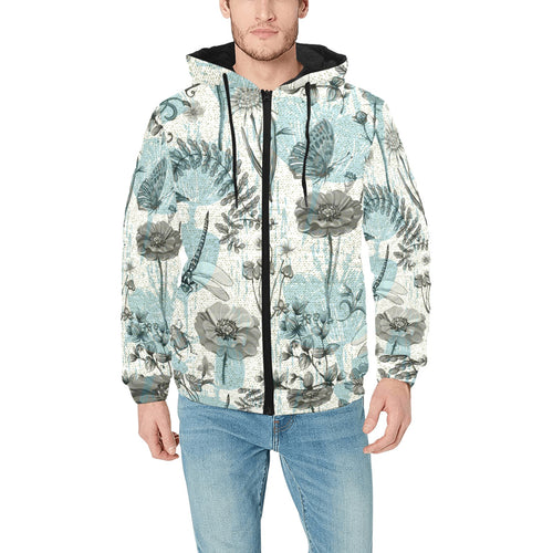 Dragonfly Butterfly Plants insect flower vintage s Men's Padded Hooded Jacket