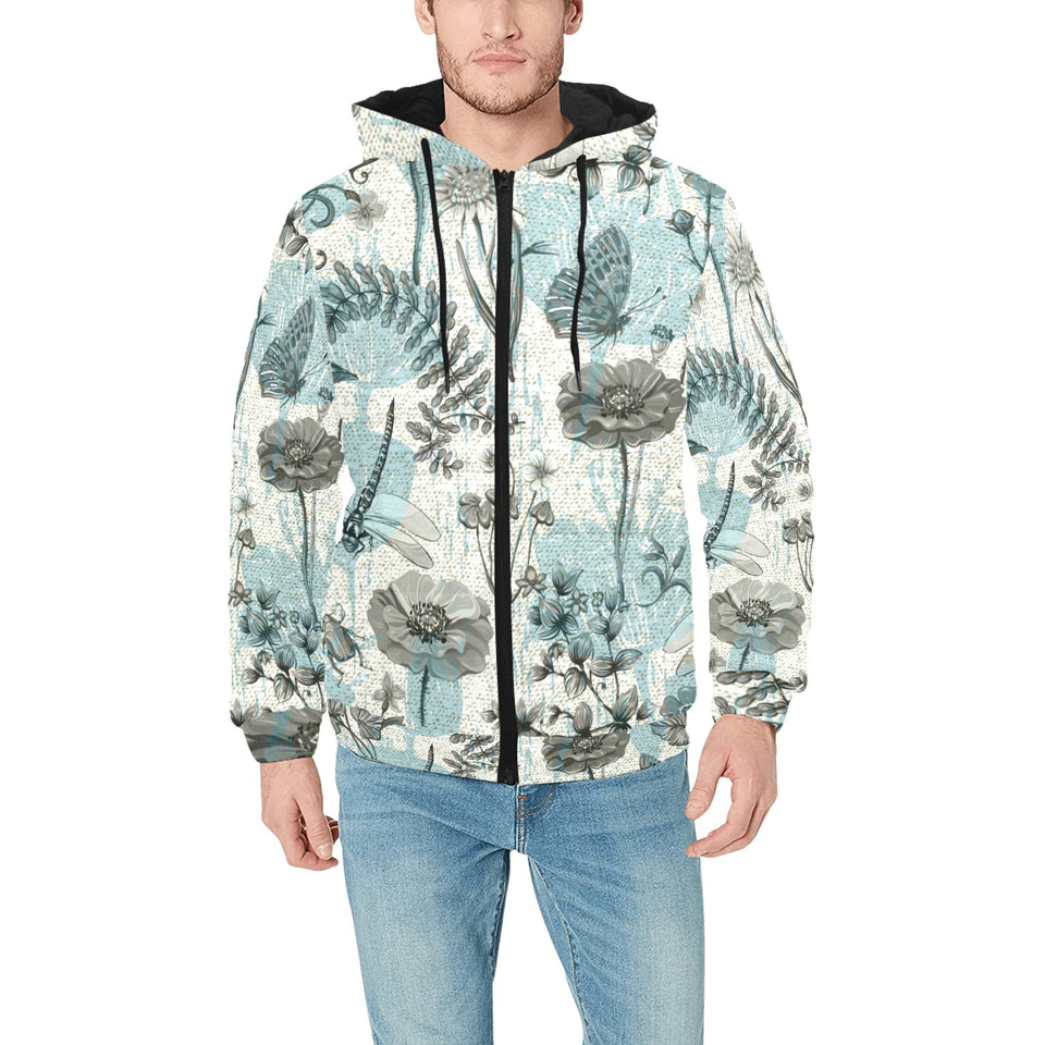 Dragonfly Butterfly Plants insect flower vintage s Men's Padded Hooded Jacket