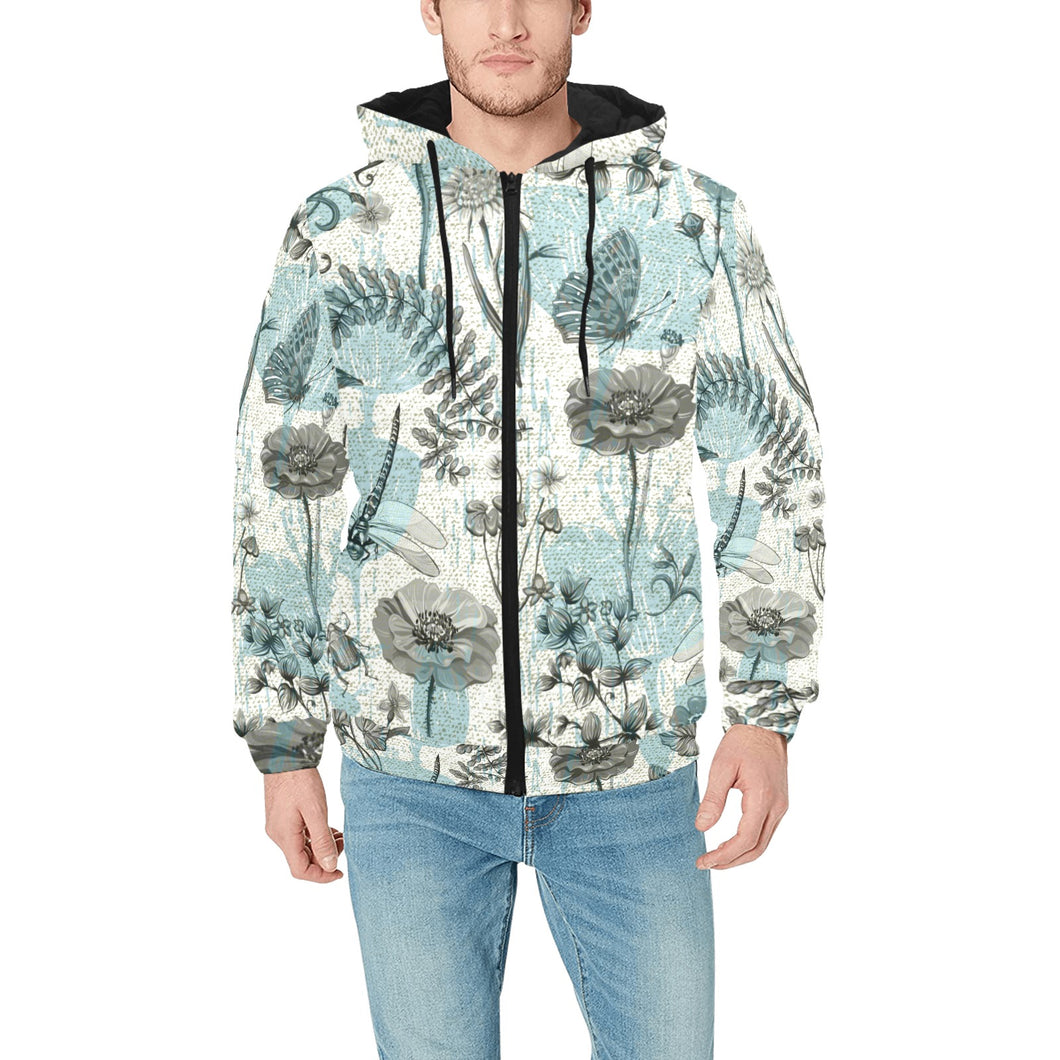 Dragonfly Butterfly Plants insect flower vintage s Men's Padded Hooded Jacket