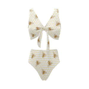 Bee honeycomb seamless design pattern Chest Bowknot High Waisted Bikini Swimsuit